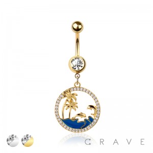 316L SURGICAL STEEL LOVELY BEACH DOLPHIN PALM TREE DANGLE BELLY BUTTON NAVEL RING 